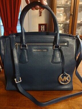 Michael Kors Dark Navy Leather Satchel with Gold Hardware